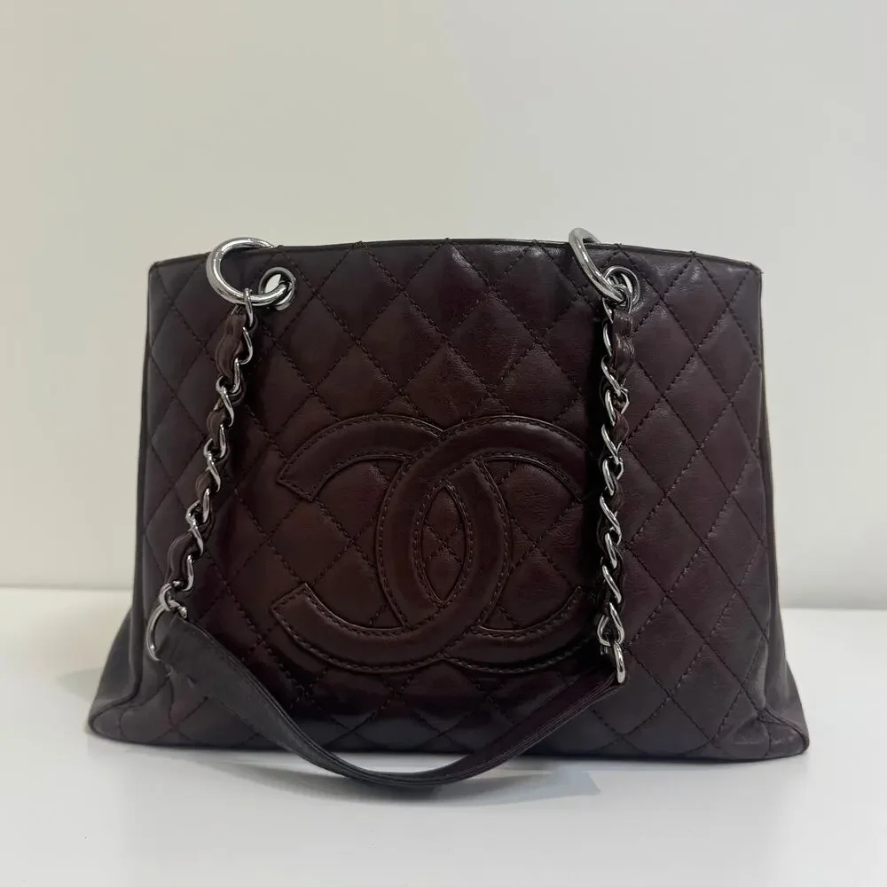 CHANEL Brown Quilted Lambskin Grand Shopping Tote Leather CC Logo Shoulder Bag